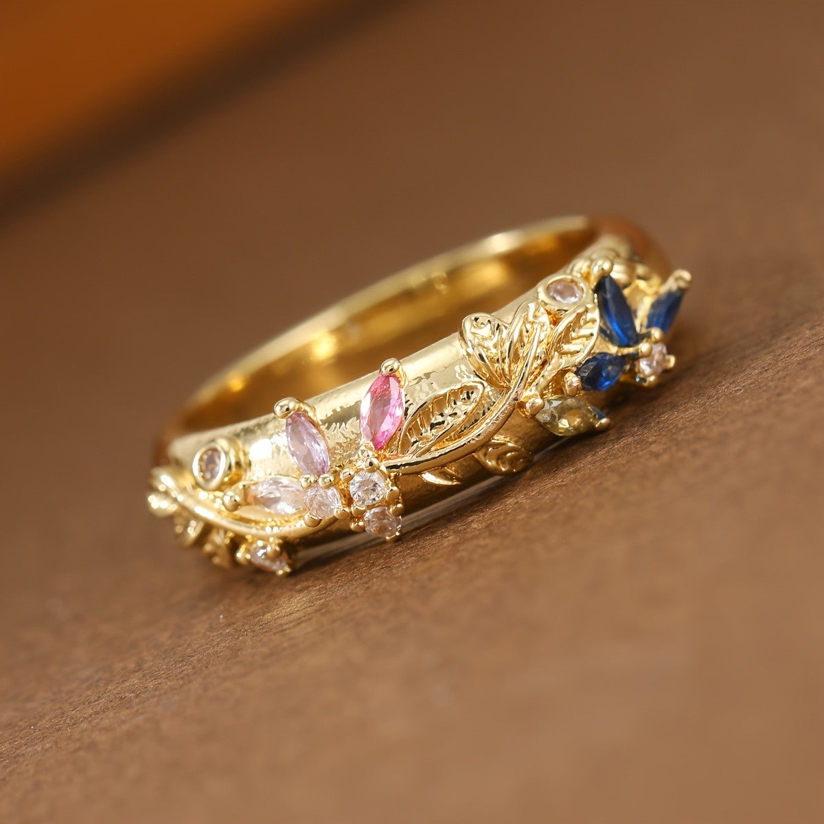 Elegant Floral Leaf Gemstone Ring