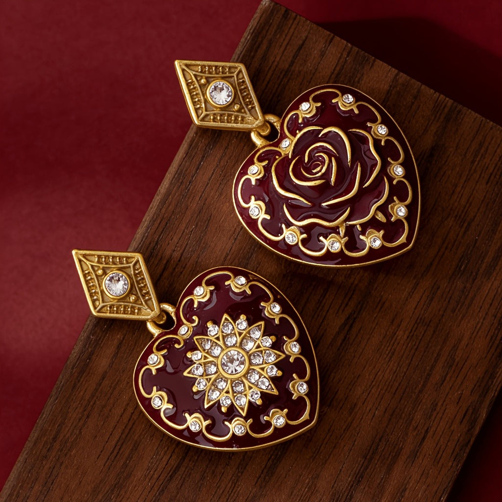 Burgundy Heart Filigree Drop Earrings