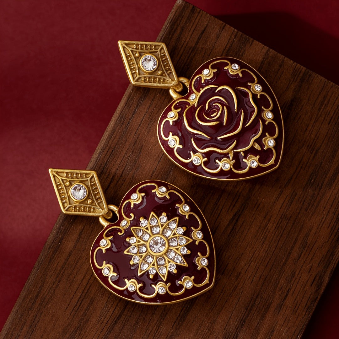 Burgundy Heart Filigree Drop Earrings