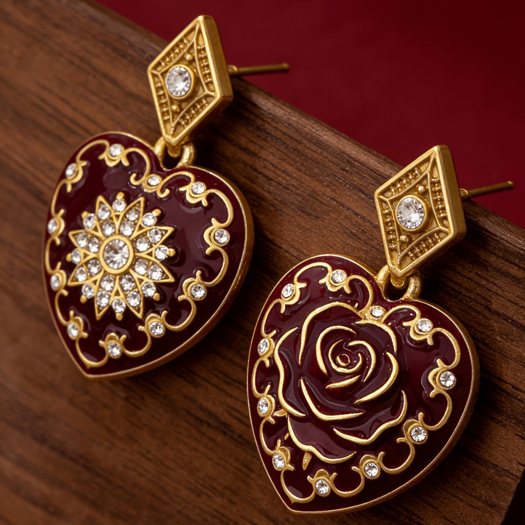 Burgundy Heart Filigree Drop Earrings