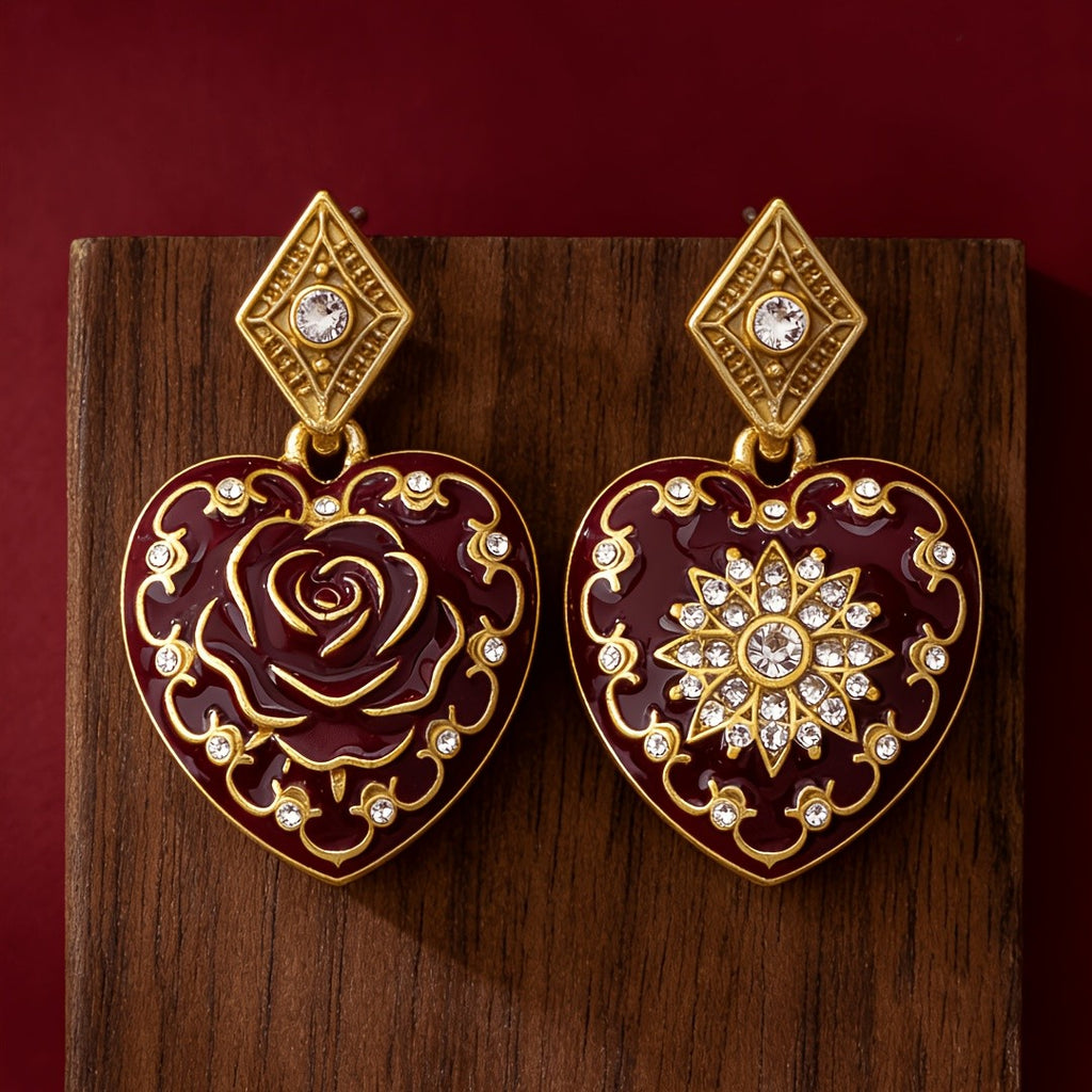 Burgundy Heart Filigree Drop Earrings