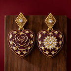 Burgundy Heart Filigree Drop Earrings