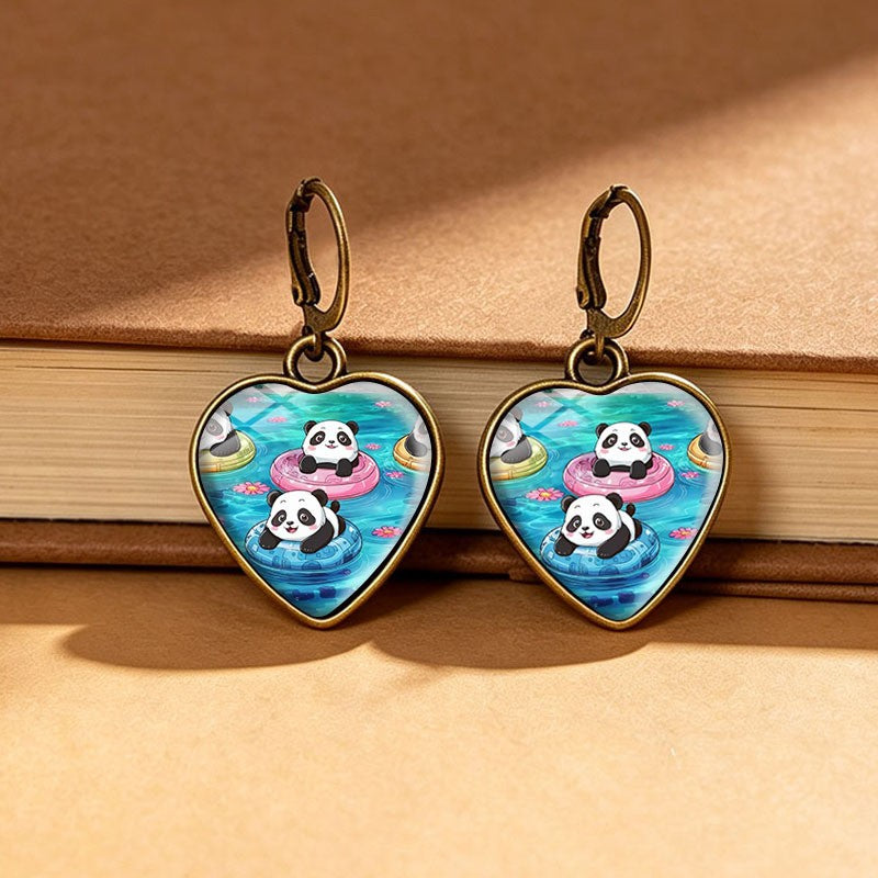Whimsical Panda Heart Drop Earrings