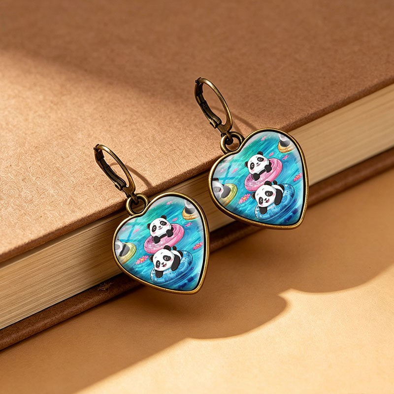 Whimsical Panda Heart Drop Earrings