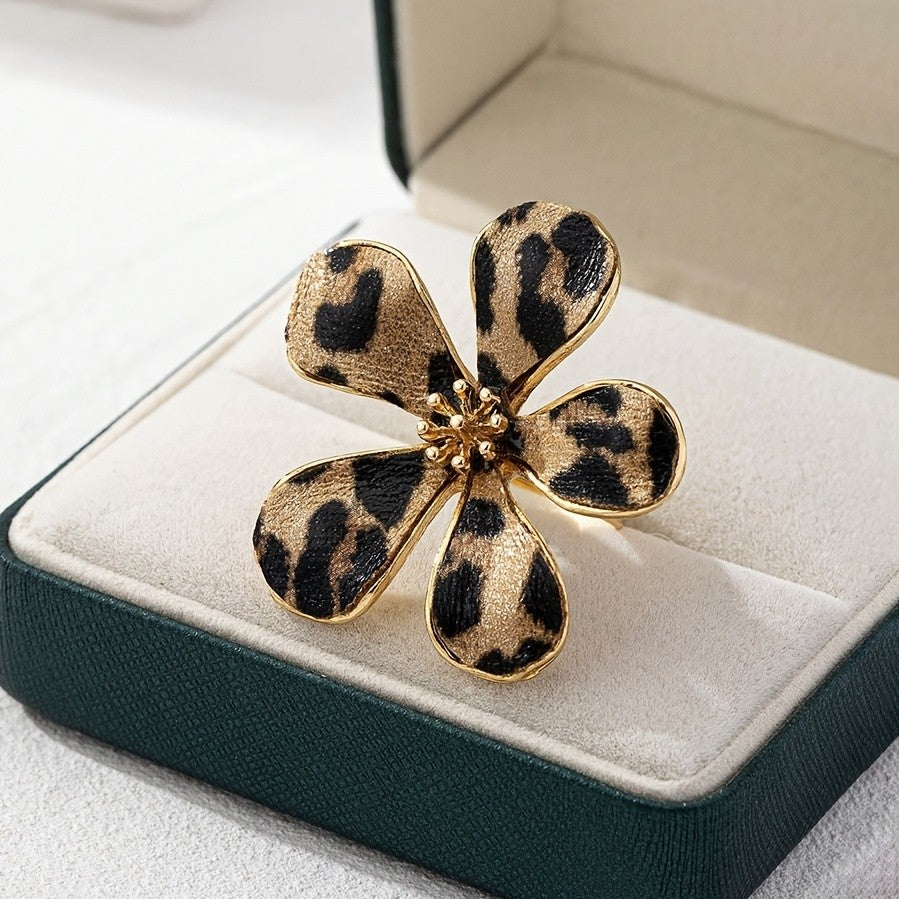 Bold Leopard Floral Statement Ring