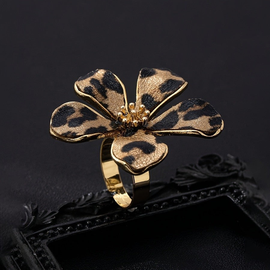 Bold Leopard Floral Statement Ring