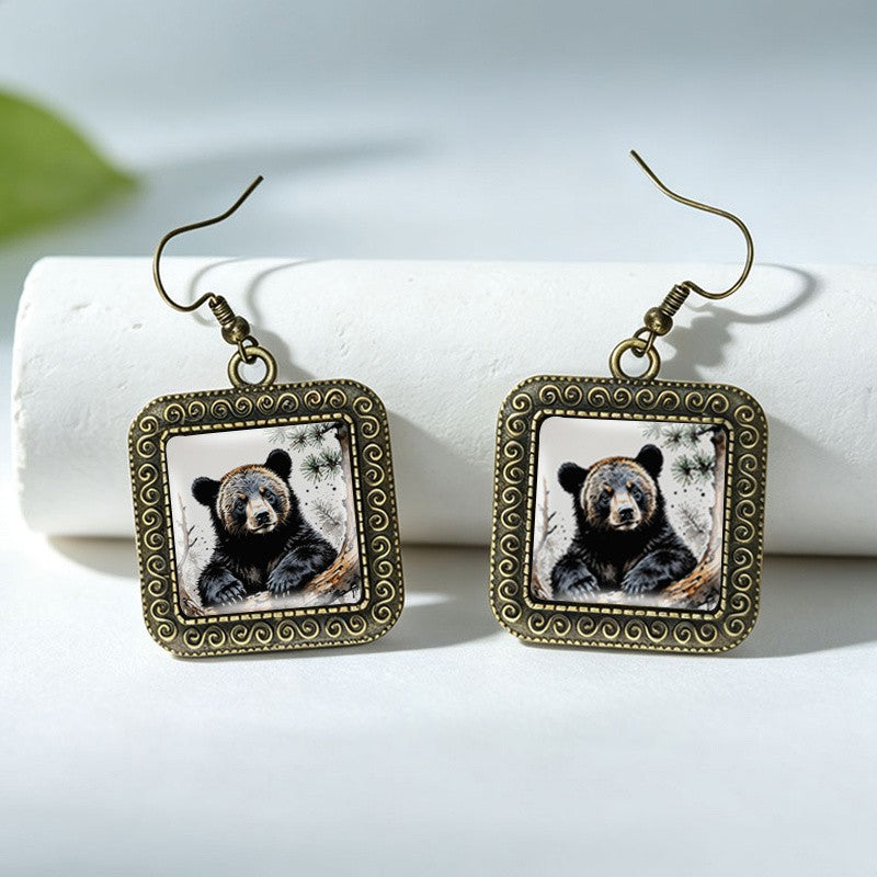 Vintage Bear Glass Drop Earrings