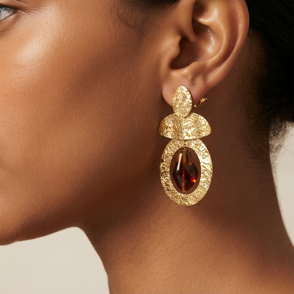 Hammered Oval Amber Drop Earrings