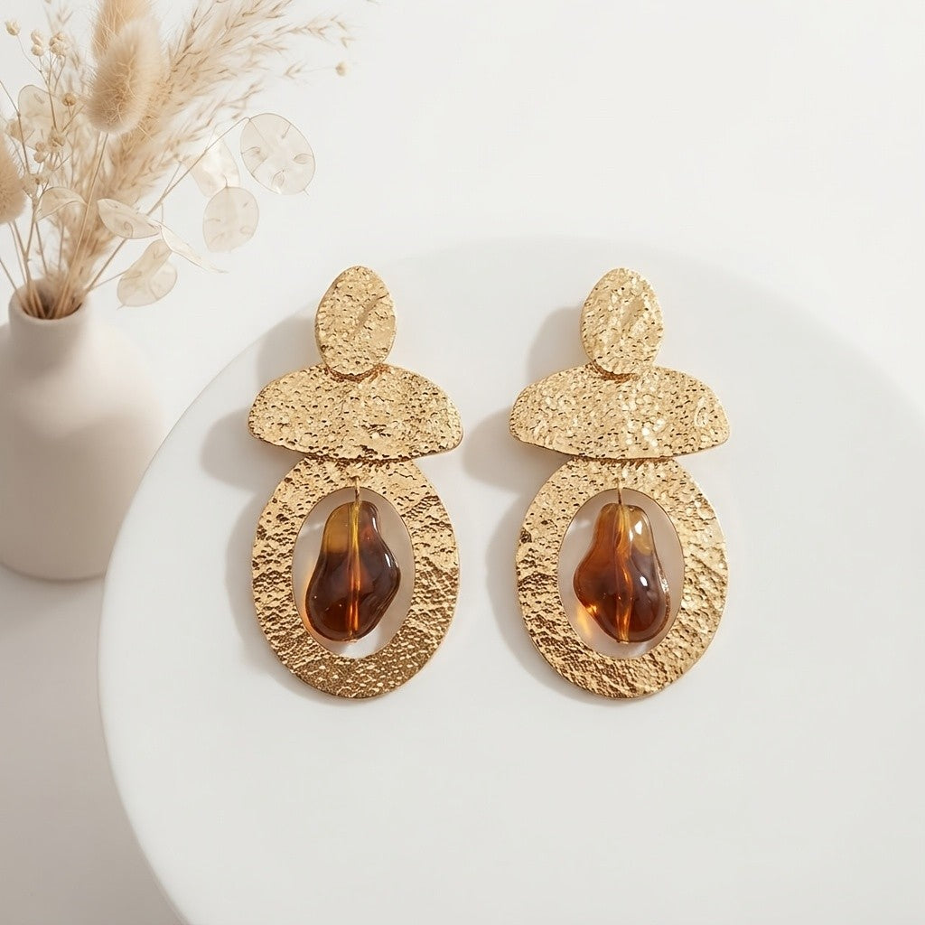 Hammered Oval Amber Drop Earrings