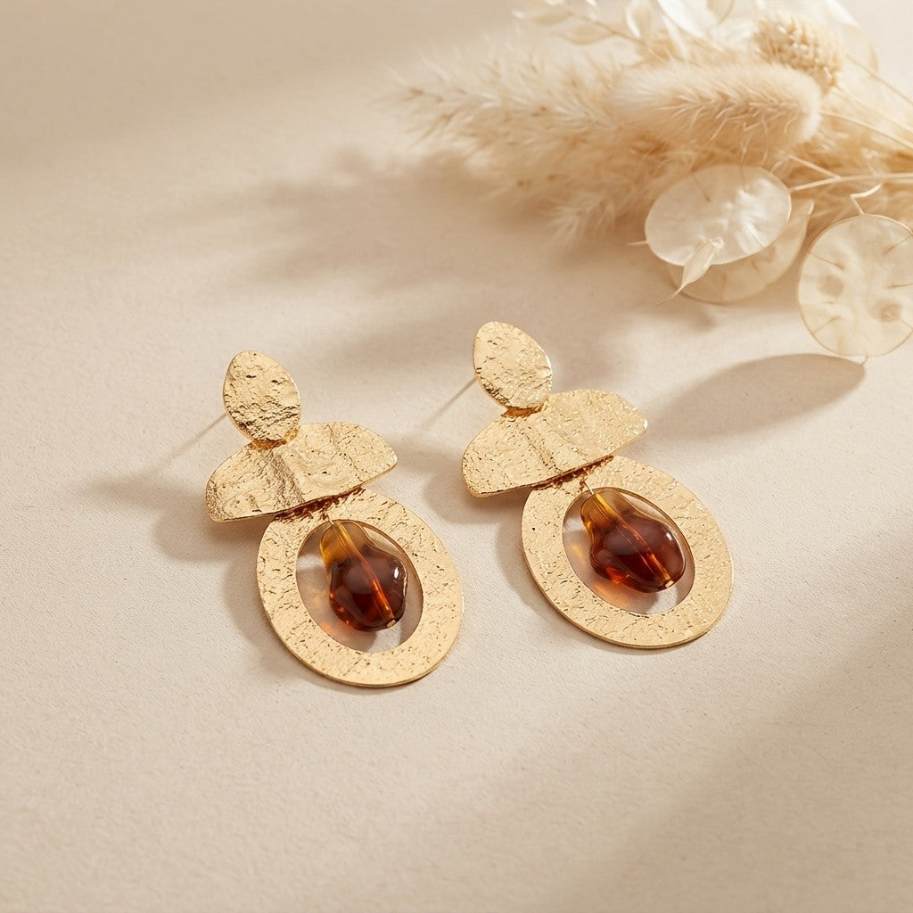 Hammered Oval Amber Drop Earrings