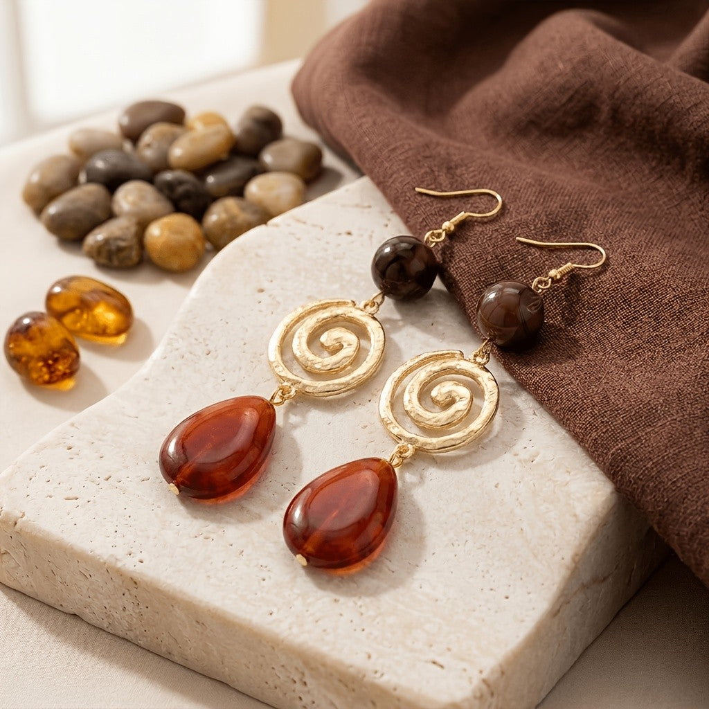 Boho Spiral Amber Drop Earrings