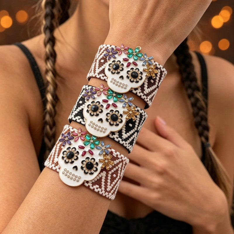 Rainbow Skull Beaded Cuff Bracelet
