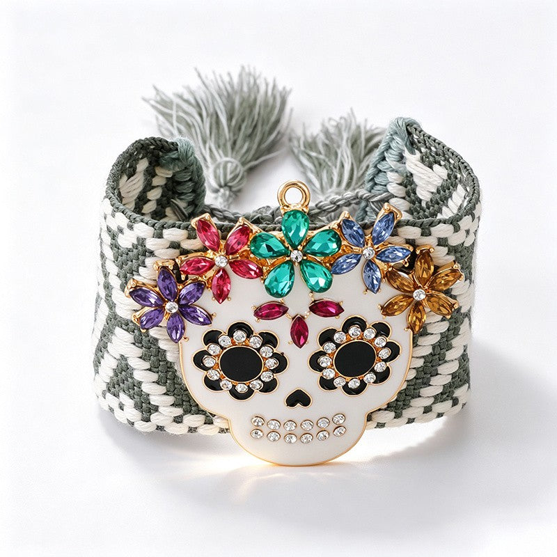 Rainbow Skull Beaded Cuff Bracelet