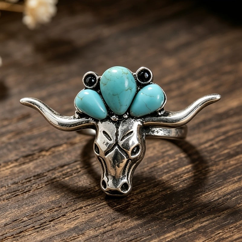Western Turquoise Bull Skull Ring