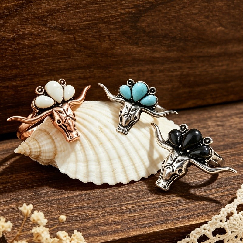 Western Turquoise Bull Skull Ring