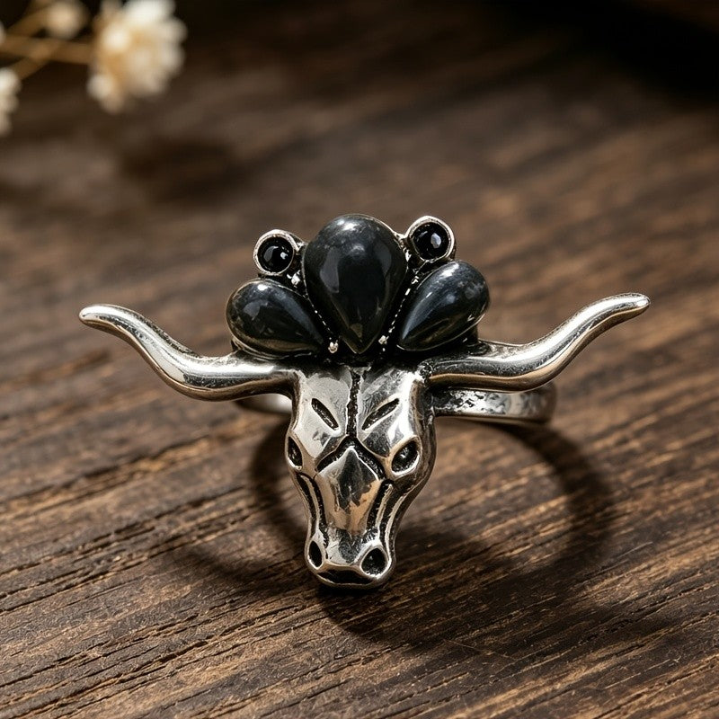 Western Turquoise Bull Skull Ring
