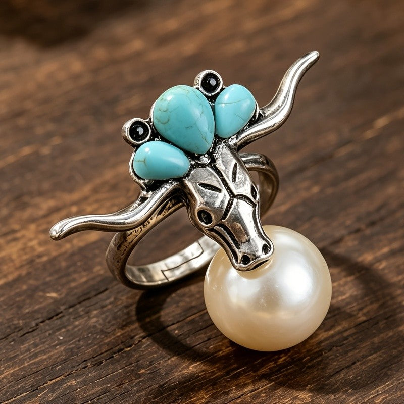 Western Turquoise Bull Skull Ring