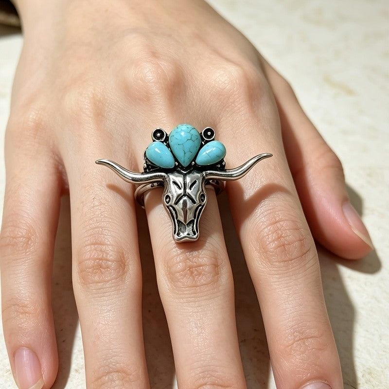 Western Turquoise Bull Skull Ring