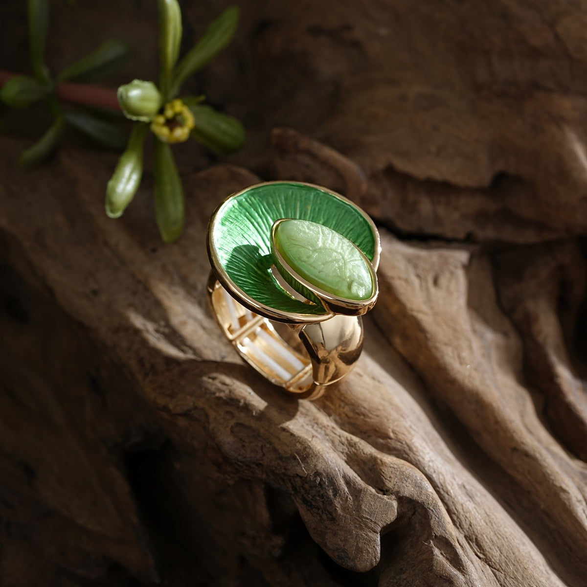 Boho Green Leaf Statement Ring