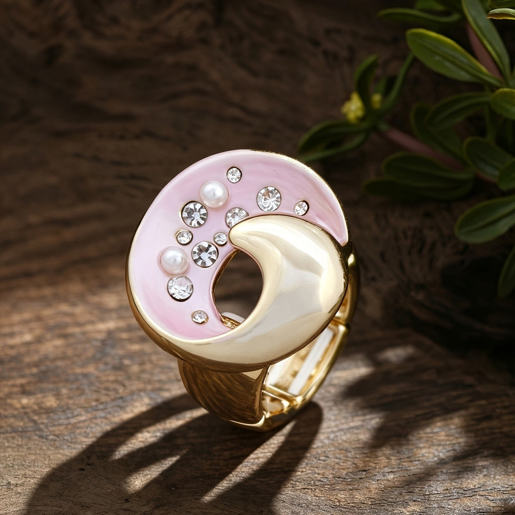 Elegant Crescent Moon Enamel Statement Ring