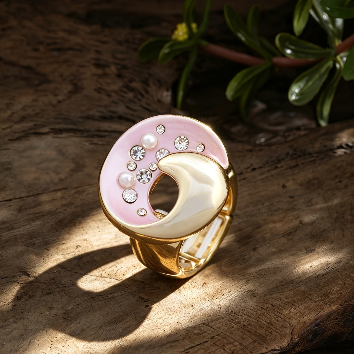 Elegant Crescent Moon Enamel Statement Ring