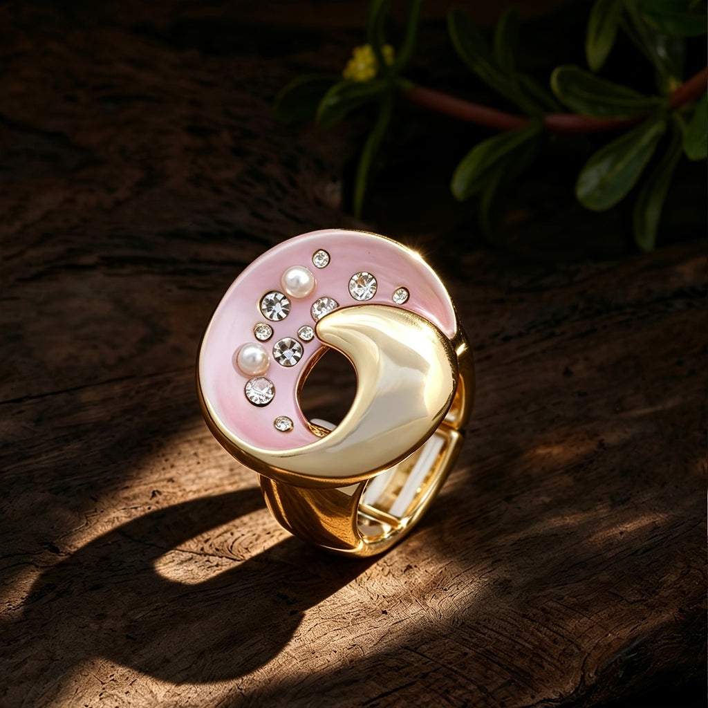 Elegant Crescent Moon Enamel Statement Ring
