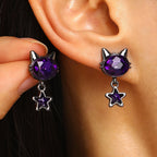 Whimsical Purple Cat Star Drop Earrings