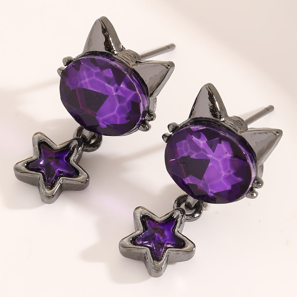 Whimsical Purple Cat Star Drop Earrings