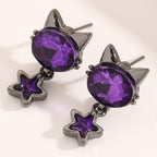 Whimsical Purple Cat Star Drop Earrings