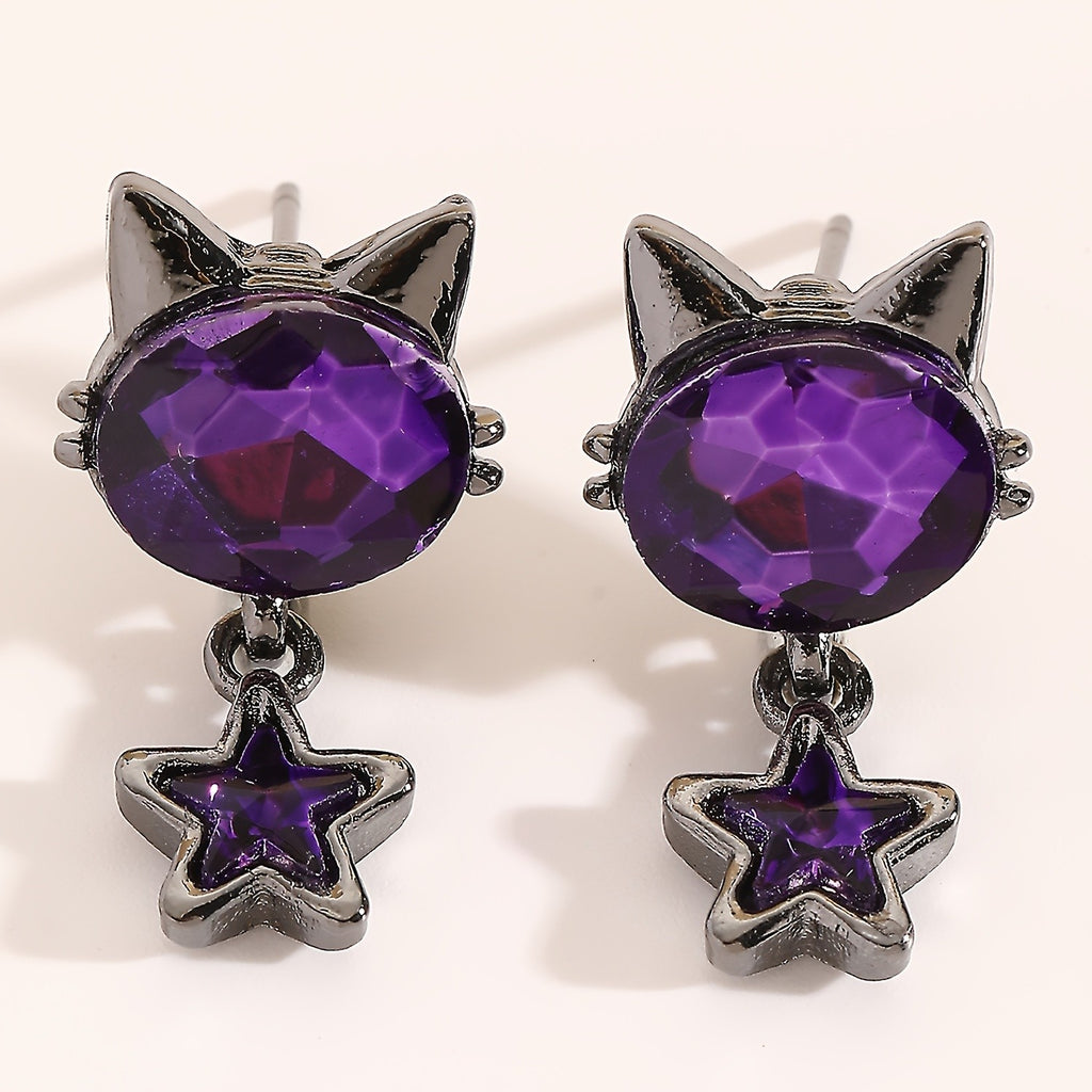 Whimsical Purple Cat Star Drop Earrings