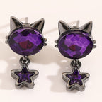 Whimsical Purple Cat Star Drop Earrings