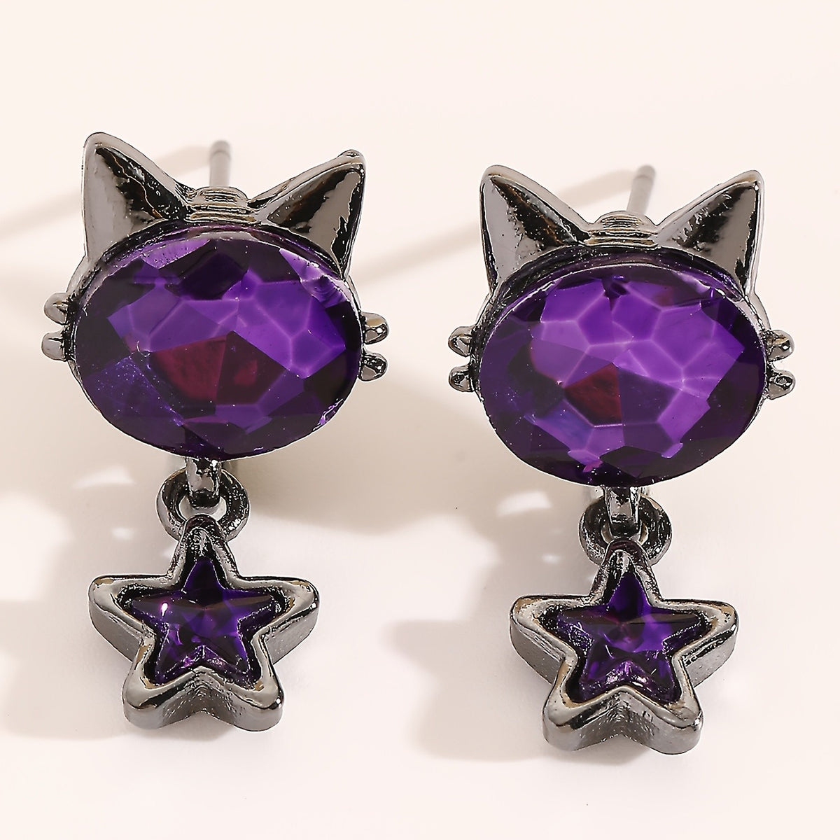 Whimsical Purple Cat Star Drop Earrings