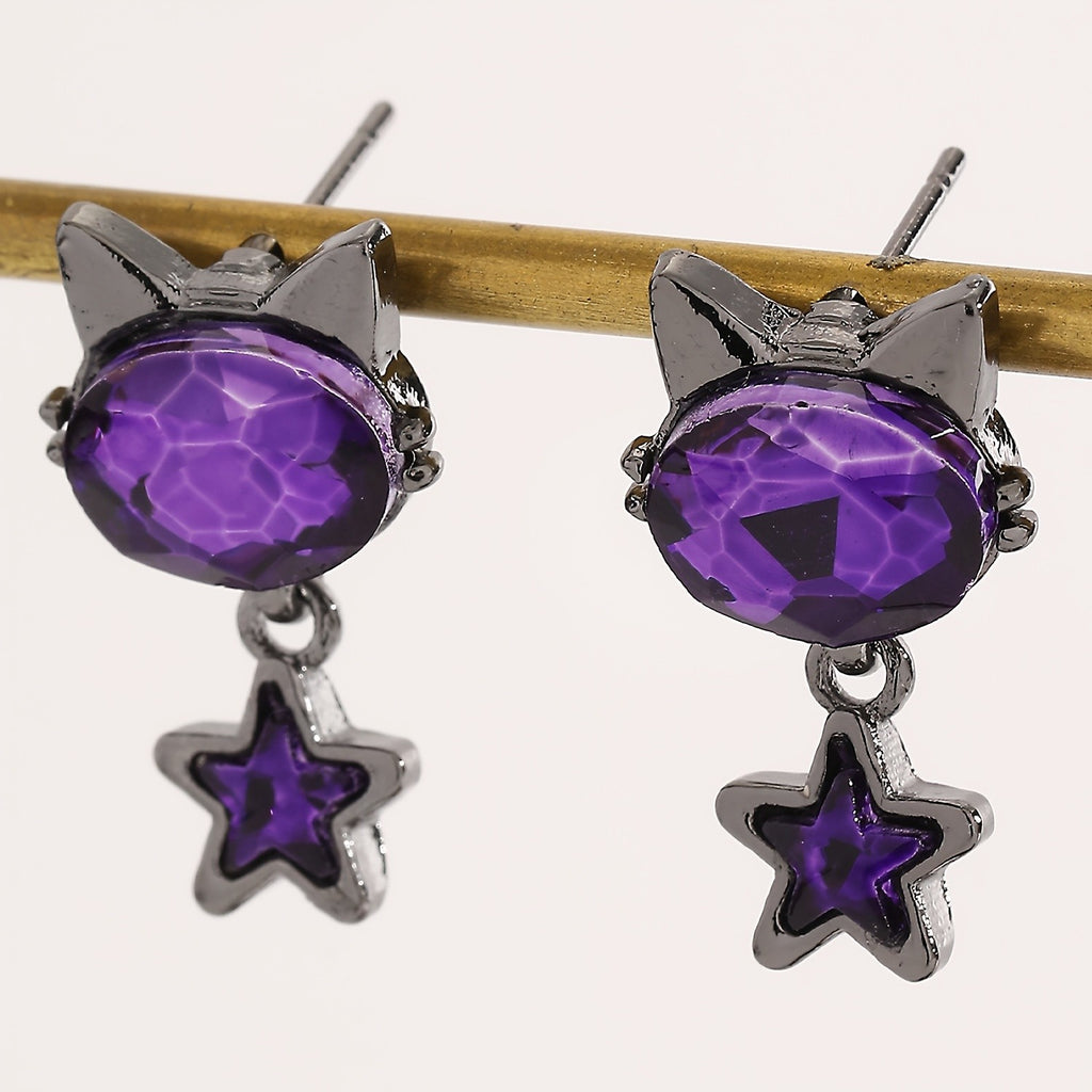 Whimsical Purple Cat Star Drop Earrings