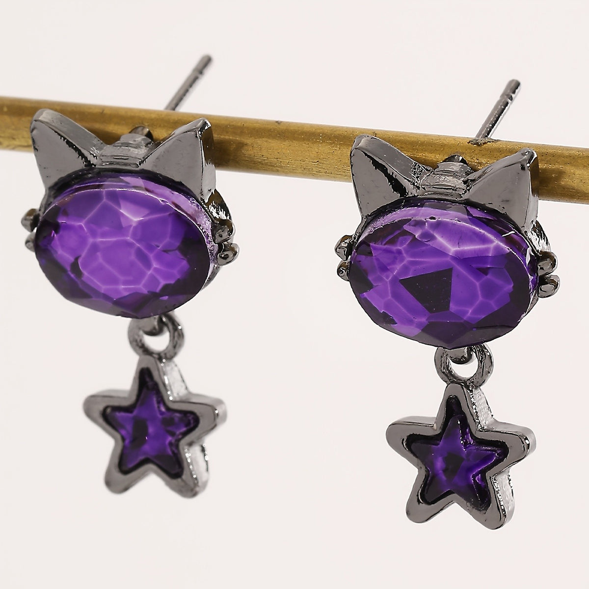 Whimsical Purple Cat Star Drop Earrings