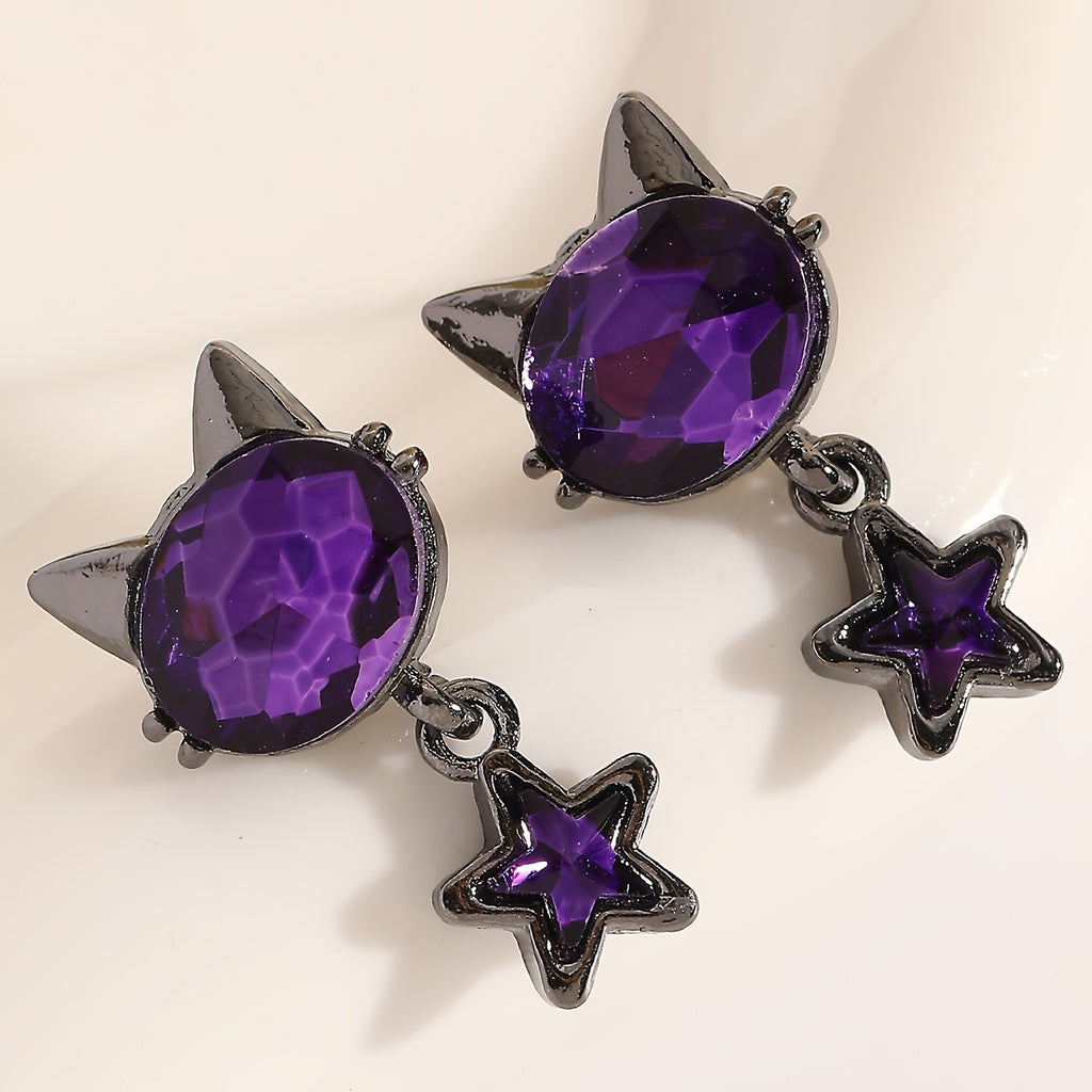 Whimsical Purple Cat Star Drop Earrings