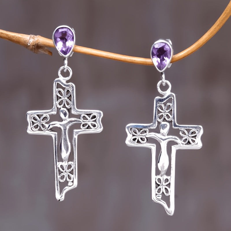 Vintage Purple Cross Drop Earrings