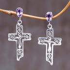 Vintage Purple Cross Drop Earrings