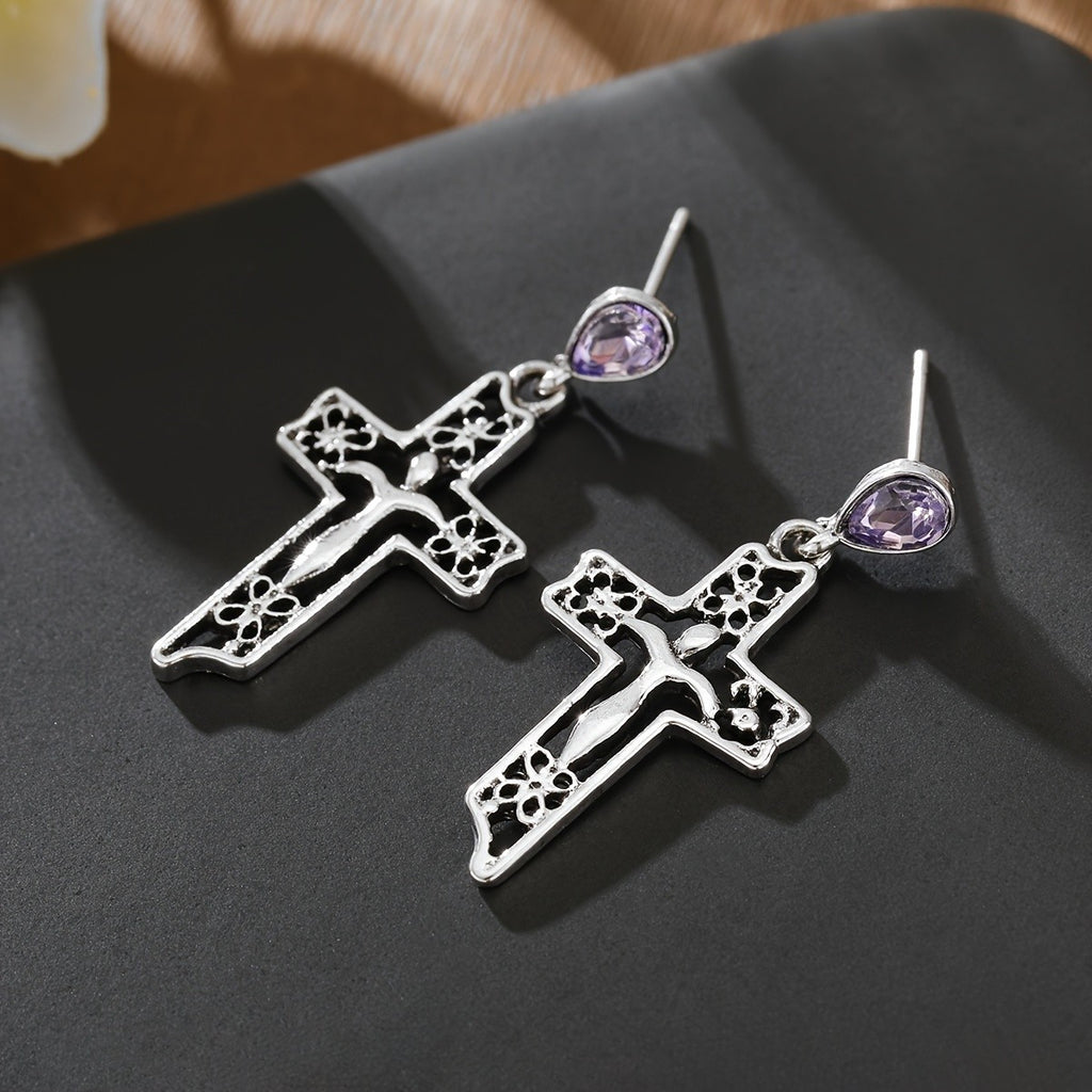 Vintage Purple Cross Drop Earrings