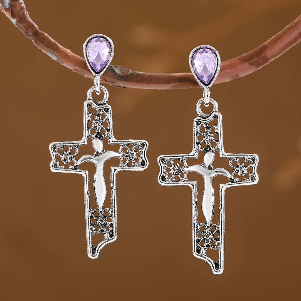 Vintage Purple Cross Drop Earrings