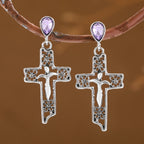 Vintage Purple Cross Drop Earrings