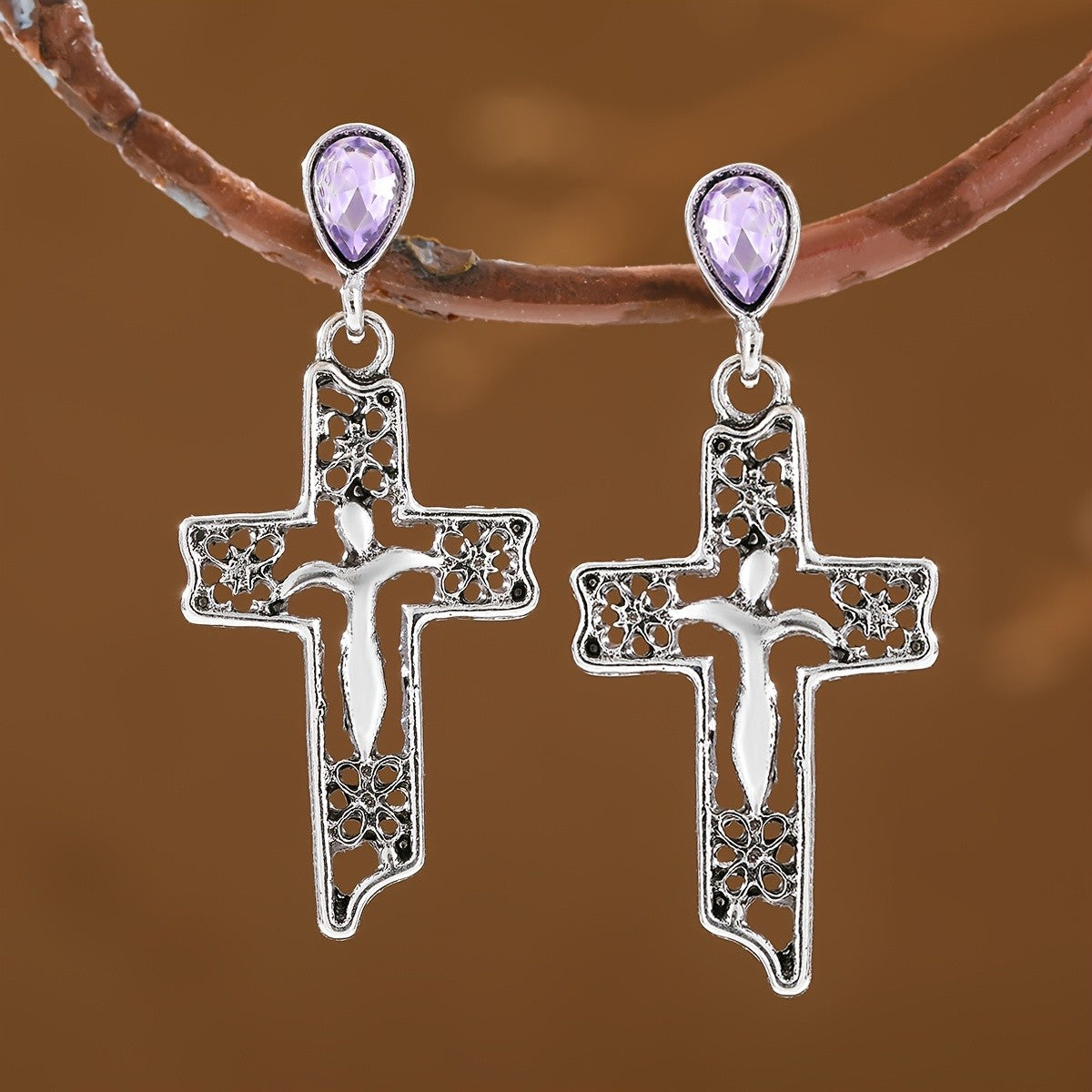 Vintage Purple Cross Drop Earrings