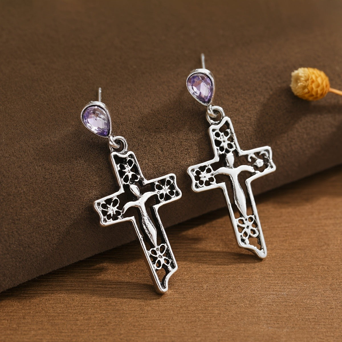 Vintage Purple Cross Drop Earrings