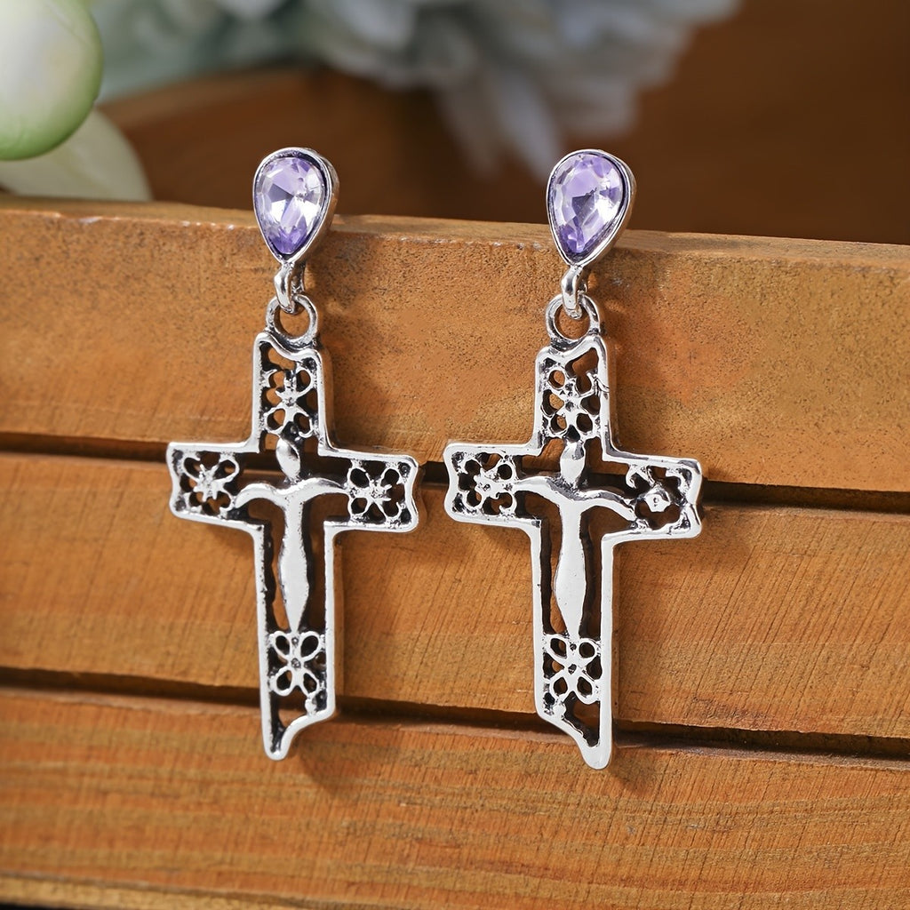 Vintage Purple Cross Drop Earrings