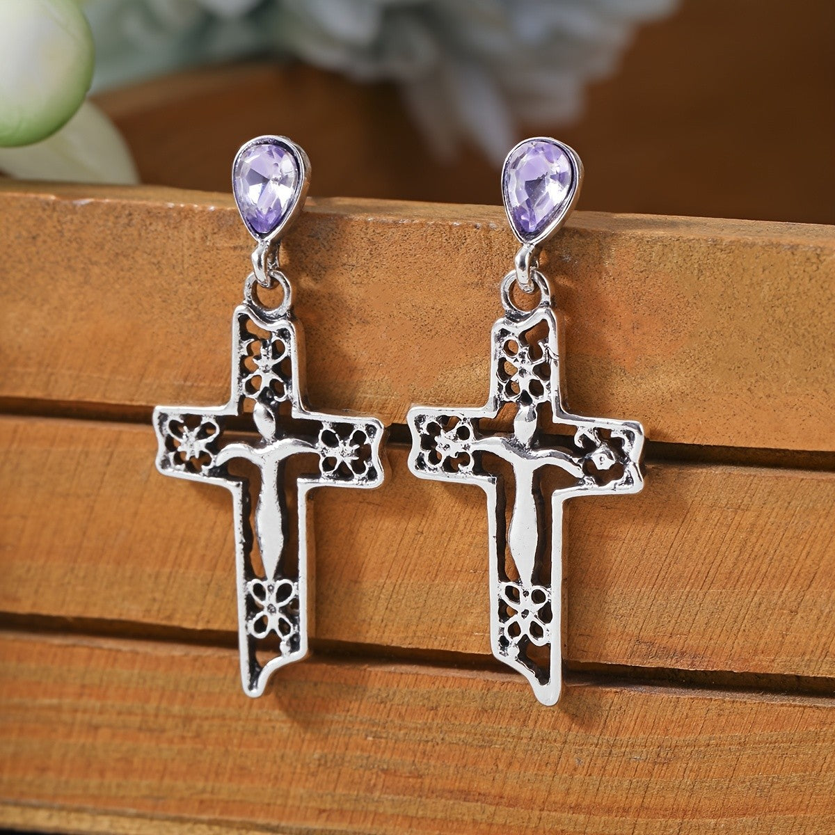 Vintage Purple Cross Drop Earrings