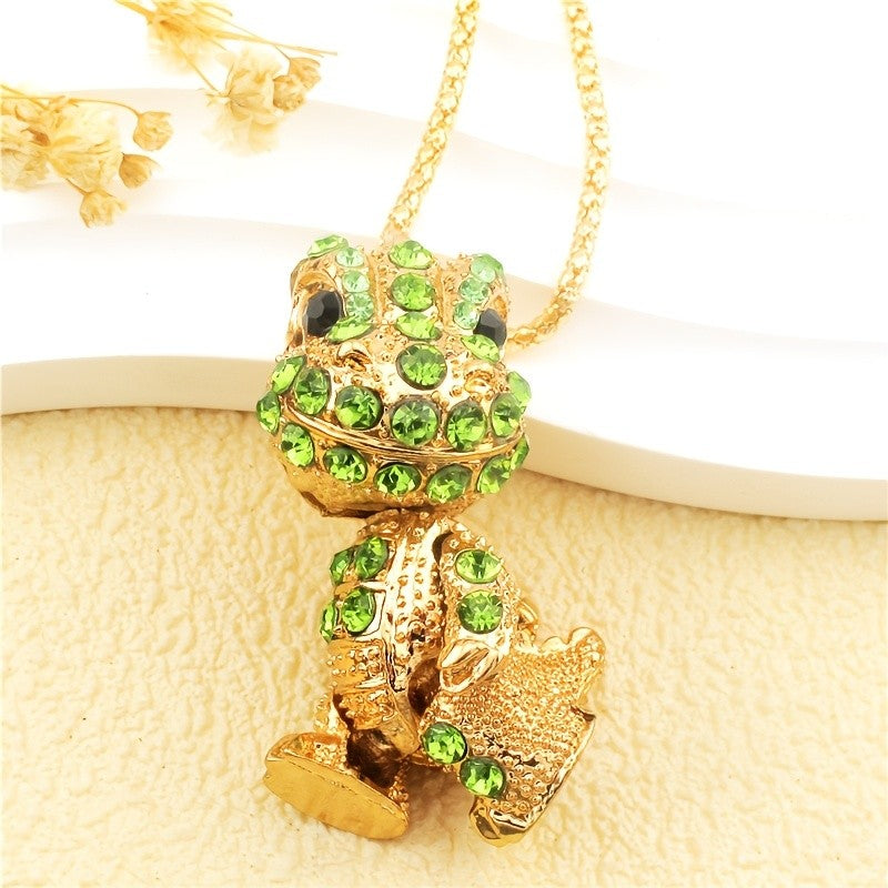 Whimsical Green Gemstone Frog Necklace