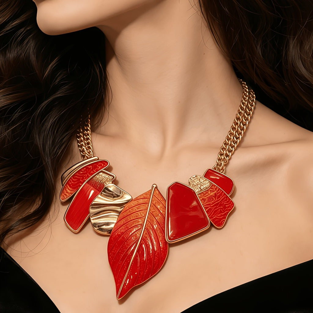 Bold Red Leaf Statement Necklace