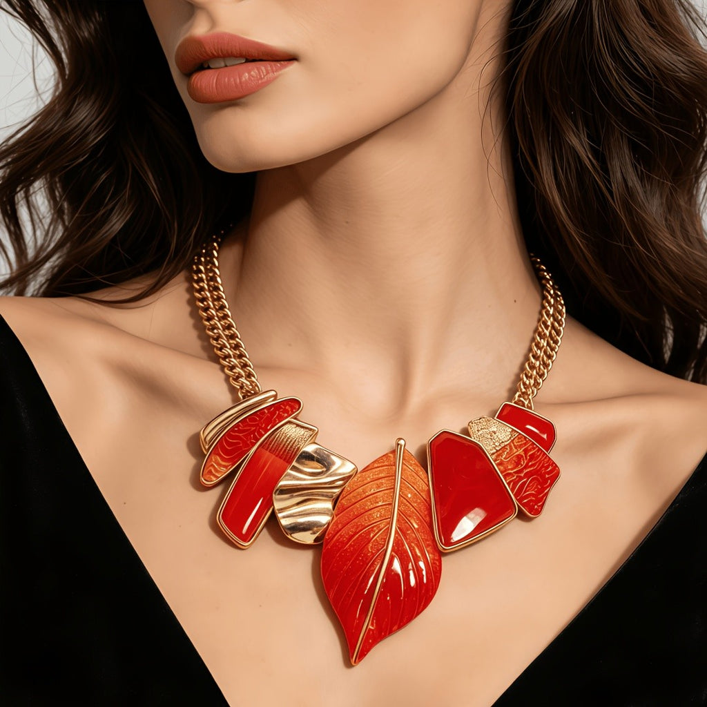Bold Red Leaf Statement Necklace