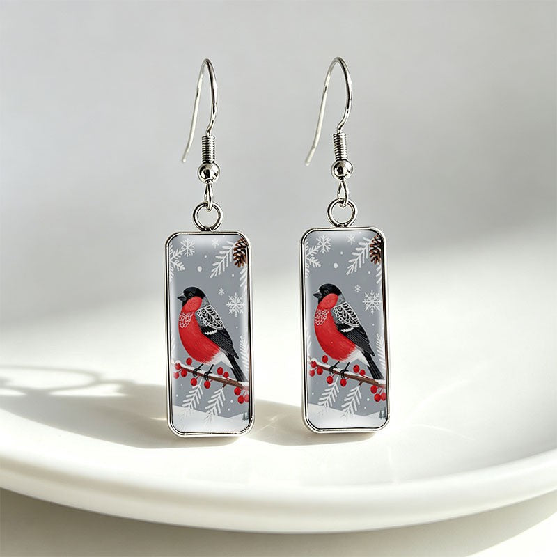Winter Bullfinch Rectangular Drop Earrings
