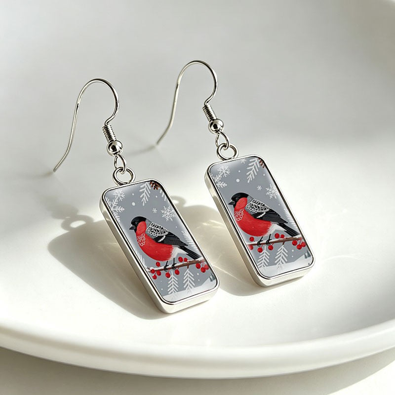 Winter Bullfinch Rectangular Drop Earrings