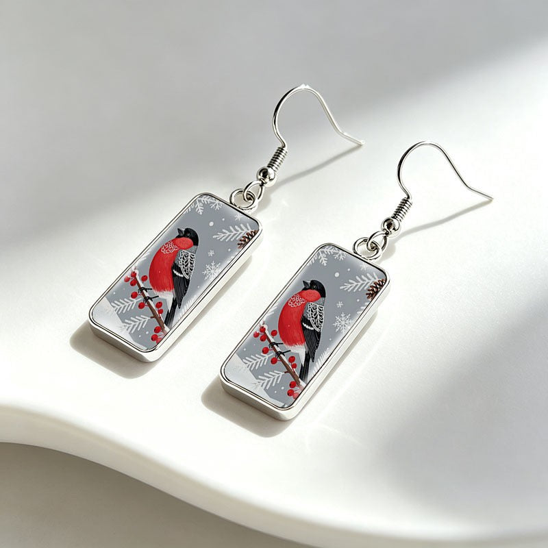 Winter Bullfinch Rectangular Drop Earrings